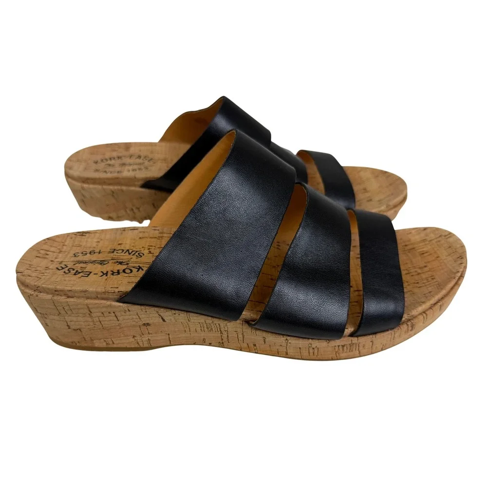 Kork-Ease Menzie Black Leather Cork Wedge Slide Sandals Womens Size 11 Comfort